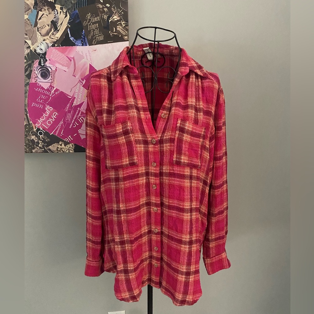 Anthropologie Pilcro Seamed Red Hot Pink Plaid Button Down Woman’s Tunic Size XS - Picture 2 of 7